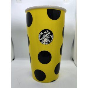 Starbucks 2015 Ceramic Yellow & Black Polka Dot Coffee Mug Tumbler 12‎ oz no lid